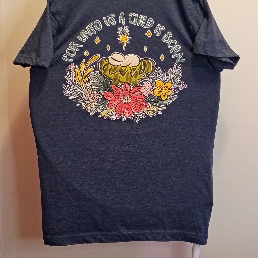 Navy Graphic Christmas Tee with Festive "For Into Us A Child Is Born" Design